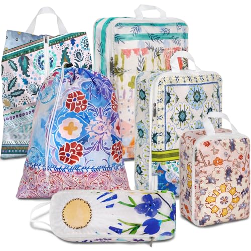 ysnifeiw 6 Pcs Compression Packing Cubes Waterproof Suitcase Travel Bag Luggage Backpack Organizer Travel Cubes for Packing-Pink and Green Bohemian