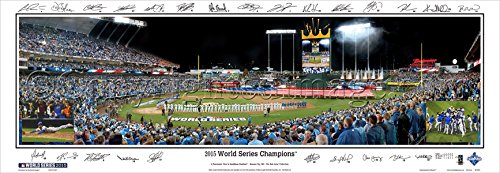 SportPicturesOnline Baseball Kansas City Royals Kauffman Stadium 2015 World Series Majesty with Facsimile Player signatures - 13.5x39 Panoramic Poster with Black Metal Frame #2111
