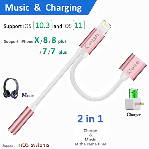 3.5mm Aux Headphone Jack Audio Adapter, 2 in 1 Adapter Compatible with XR/XS MAX/X / 7 Plus / 8 Plus (Support iOS 11, iOS 12, Rose)