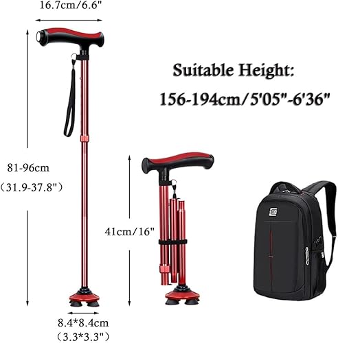 Miniatura 8 de Bastón plegable con luz LED, altura ajustable, bastón ligero para ancianos, para hombres y mujeres, base cuádruple giratoria (color rojo)