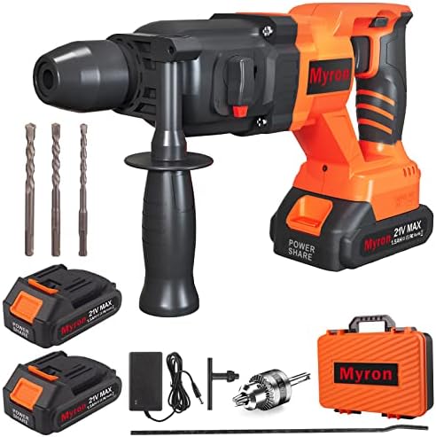 Cordless Rotary Hammer Drill, 21V Brushless 1 Inch SDS Plus Hammer Drill Kit With 2 Batteries, Charger, 1/2" Drill Chuck, 3 Drill Bits, Grease and Case–Suitable for Concrete, Wood, Stone, and Metal