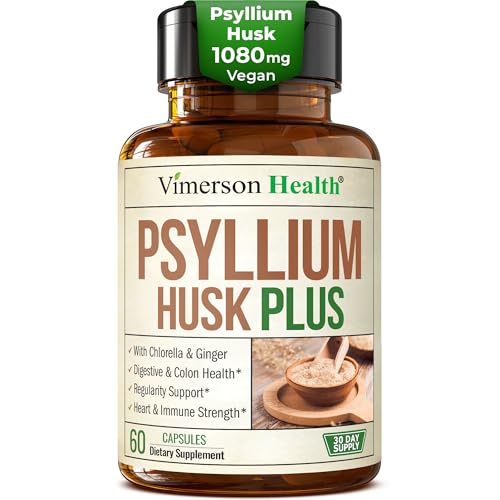 Fiber Supplement with 1080mg Psyllium Husk Powder, Slippery Elm for Women & Men, Ginger Root – High Fiber Pills for Regularity, Digestive & Gut Health – Gentle on Stomach 60 Psyllium Husk Capsules