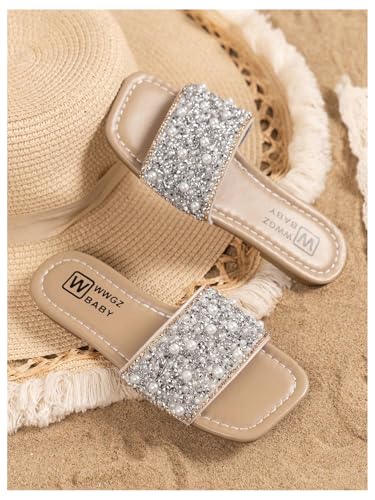 Image of GORGLITTER Girl's Pearls Dress Flat Sandals Glitter Rhinestone Summer Open Toe Teens Slides