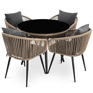 di volio Gartenmöbel-Set RIETI Beige/Grau, Terrassenmöbel aus Polyrattan und Stahl, Gartenmöbel für 4 Personen – Couchtisch & 4 Stühle