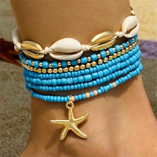 Image of Shell Anklets Bracelet for Women Waterproof Surfer Starfish Bracelet Puka Shell Anklet Colorful Boho Stack Stretch Bead Bracelet Set Hawaii Summer Beach Vacation Foot Jewelry