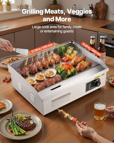 Image of VEVOR Upgraded Commercial Electric Griddle, 2800W Stainless Steel Countertop Flat Top Grill, 26'' Griddle Grill with 2 Shovels and 2 Brushes, 122℉-572 ℉ Adjustable Temp, for Home Restaurant(No Plug)