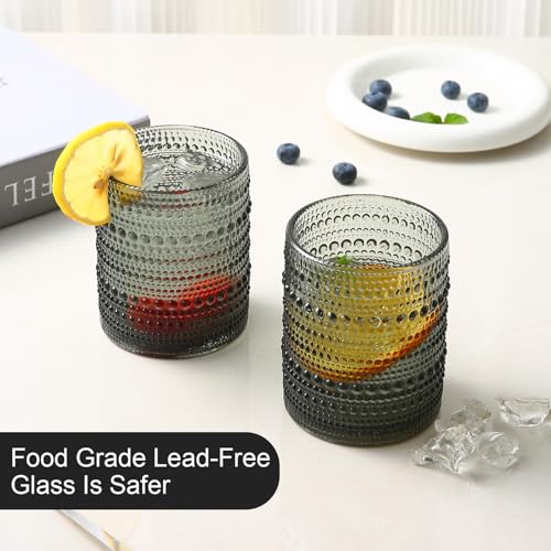 Image of ZMOWIPDL Drinking Glasses Set of 6,12oz Grey Hobnail Glass Cups | Vintage Glassware，Embossed Water Tumbler,for Beer,Cocktail,Whiskey,Juice and Various Mixed Drinks- 1 Cleaning Brush