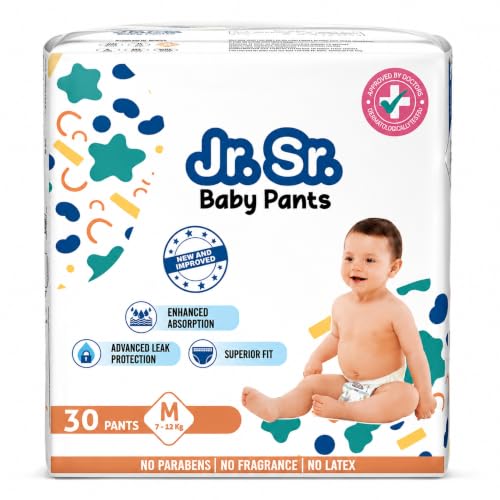 Image of Jr. Sr. Baby Diaper Pants | Medium (M) Size (7-12 kg), 30 Count | Pack of 1 | Upto 12 hr Absorption with Advanced Leak Protection | Safe For Babies Skin | Soft, Secure & Comfy