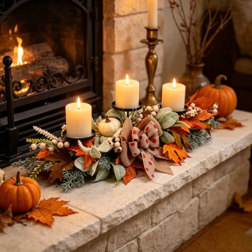 Image of Fall Pumpkin Wreath Candle Holder Centerpiece Thanksgiving Decoration Autumn Wreaths