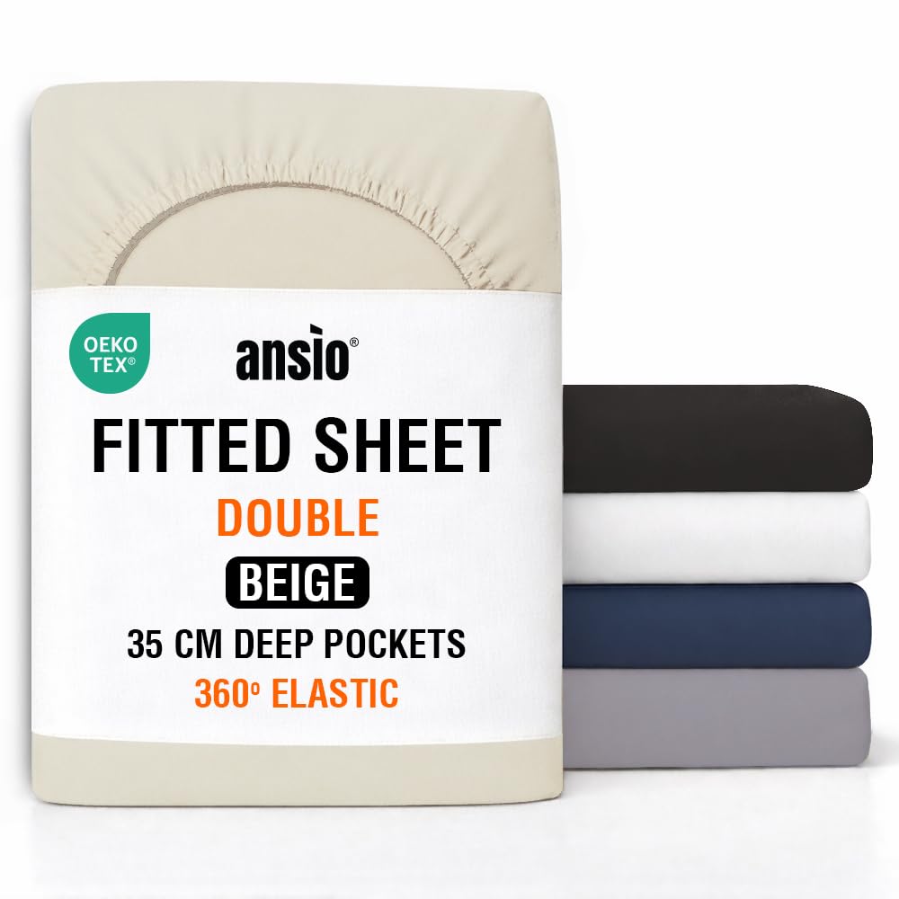 ANSIO® Double Fitted Sheet Soft Brushed Microfibre Fabric – Deep Pocket 35cm – All-Around Elastic – OEKO-TEX Certified – Easy Care & Naturally Smooth After Wash - Beige — image 1
