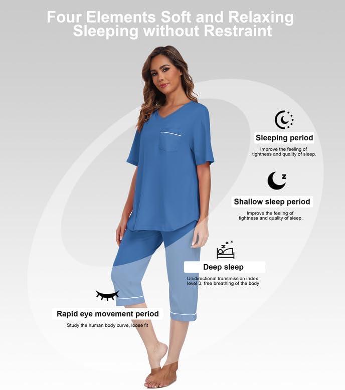 CF Women Pajama Sets 100% Cotton 2 Piece Lounge Sets Short Sleeve Shirt and Capri Pants with Pockets Ladies Pjs Sets - Image 4