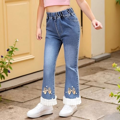 Girls Pearl Bow Knot Denim Jeans Elastic Waist Raw Hem Bell Bottom Jeans Y2k Trendy Cute Flare Leg Pant with Pocket2