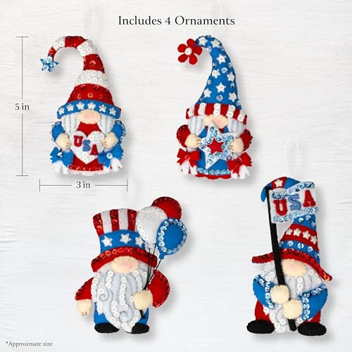 Image of Bucilla Felt Applique 6 Piece Ornament Making Kit, Red, White, & Blue Gnomes, Perfect for Holiday DIY Arts and Crafts, 89700E