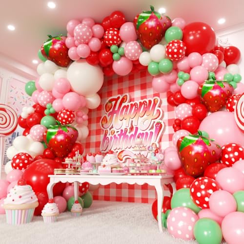 Image of Strawberry Balloons Garland Arch Kit 163pcs, Red and Pink Green Balloons for Sweet Girl Berry First Birthday Themed Baby Shower Valentine's Day Strawberry Party Decorations