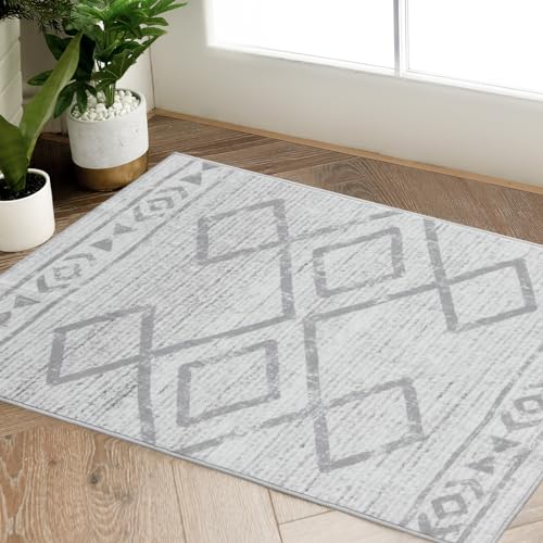jinchan Moroccan 2x3 Rug for Entryway - Machine Washable Rug Modern Geometric Kitchen Soft Faux Wool Non-Slip Indoor Doormat Ultra-Thin Carpet for Ent