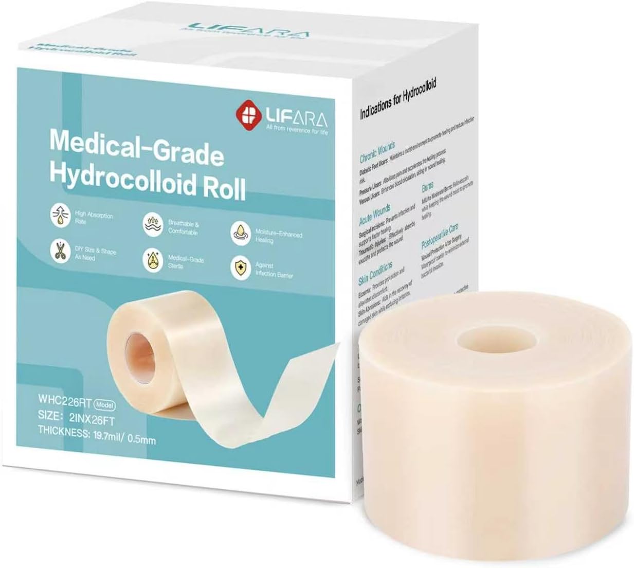 LIFARA Hydrocolloid Roll for Wound Care - Cut-to-Size, Hydrocolloid Patch Bandages with Self-Adhesive, Ultra Absorbent & Waterproof, First Aid Kit Essential (19.7mil/ 0.5mm Thickness, 2in*26ft)