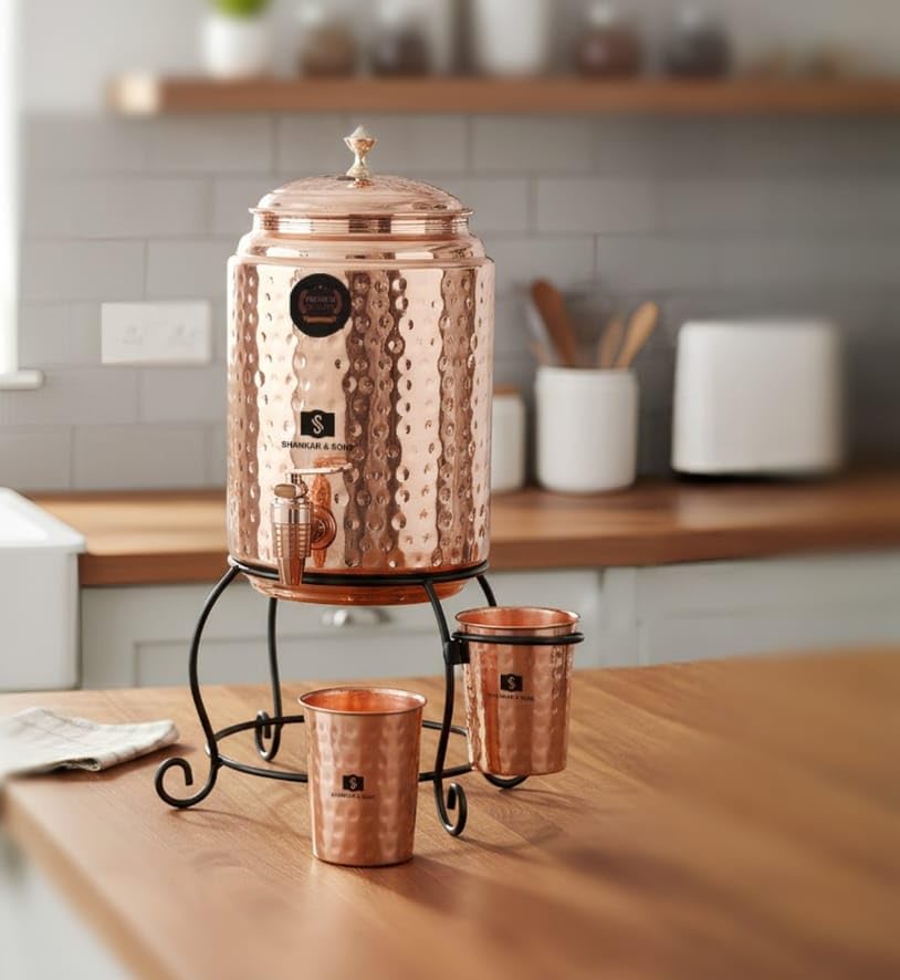Image of SHANKAR & SONS 5 Litre Copper Water Dispenser Pot with Black Iron Stand and 2 Glasses | Hammered Texture, Non-Toxic, BPA Free with Added Health Benefits Traditional Matka for Drinking Water