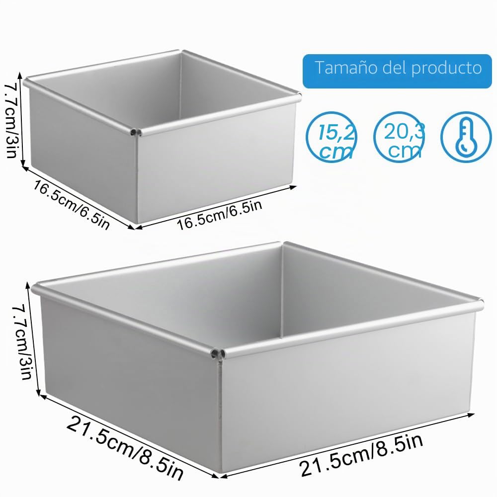 2 Piezas Molde de Repostería Cuadrado Aluminio Anodizado, 6+8 Pulgadas Hornear Cuadrada Moldes con Base Extraíble, Molde Bizcocho Antiadherente para Mousse Tiramisu y Muffins