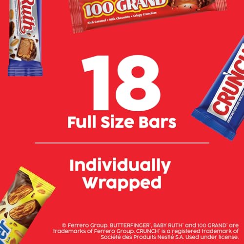 Image of Assorted Butterfinger, Crunch, Baby Ruth, and 100 Grand Full Size Chocolates, 18 count, 31.2 oz