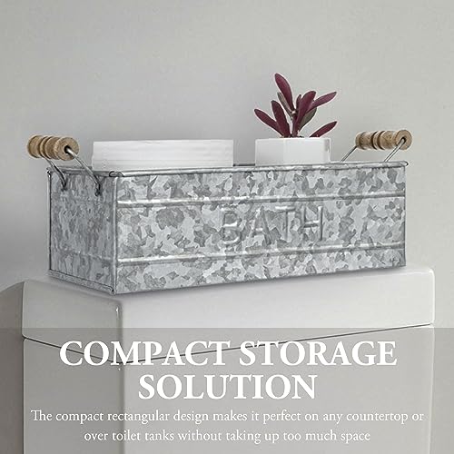 MyGift-Galvanized-Metal-Rectangular-Storage-Basket-with-Wooden-Handles-Bathroom-Toiletries-Holder-Organizer-Bin-with-Embossed-Bath-Label-Handcrafted-in-India MyGift Galvanized Metal Rectangular Storage Basket with Wooden Handles Bathroom Toiletries Holder Organizer Bin with Embossed Bath Label Handcrafted in India