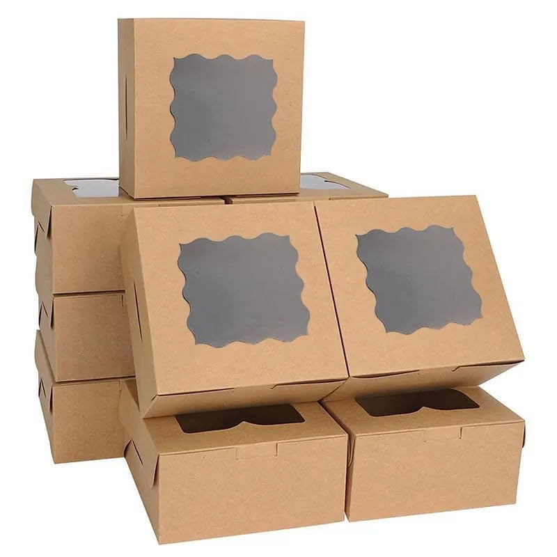 YankMooM 15PCS Kraft Cake Boxes with Window,Brown Bakery Boxes with Display Cardboard Cookie Boxes for Cakes,Strawberries,Donuts,Muffins,Macaroon (6x6x2.5inch)