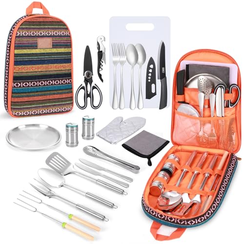 Camping Cooking Utensils Set - Camping Essentials Accessories Gear Must Haves - Camper Tent Kitchen Equipment RV Cookware Supplies Gadgets Outdoor Stove Portable Picnic Gifts BBQ Stuff
