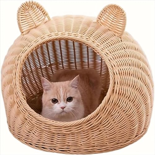ネコ用 にゃ キャットハウス ドーム型猫ハウス 猫ちぐら 猫ベッド猫 ハウス 籠 ちぐら 猫用 キャットハウス 猫ハウス ベッド おしゃれ 大型丸洗い 籐猫小屋 半密閉 四季ユニバーサル 籐 通気性 犬小屋 夏 (S,ベージュ)