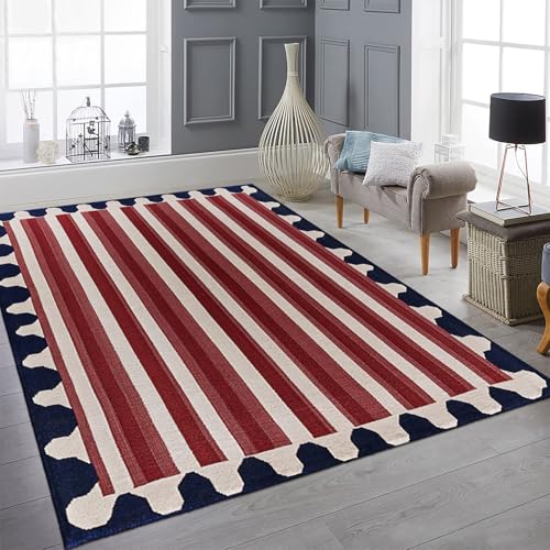 9CH Red White Stripes Area Rug 7' X 5' Navy Blue Modern Geometric Lines Faux Wool Rugs Soft Non-Slip Vintage American Flag Carpet for Bedroom Dining Room Office