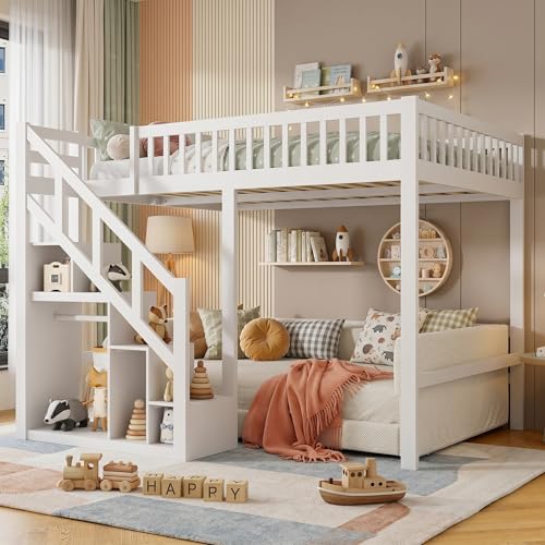JYCRA Lit Mezzanine 90x200 cm, Multifonctionnel Lit Superposé Enfant avec Escaliers de Rangement et Barrière de Sécurité, Sommier à Lattes en Bois,Lit Hauteur Enfant pour Garçon et Fille, Blanc A
