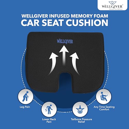 Image of WELLGIVER Memory Foam Car Seat Cushion for Driving - Orthopedic Seat Cushion for Car & Office Chair, Tailbone & Sciatica Pain Relief, Ergonomic Coccyx Support Pillow with Breathable Cover