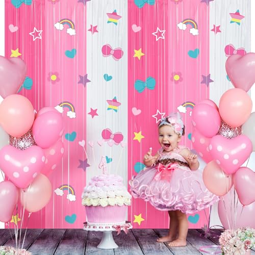 Image of Tiamon 2 Pack Kitty Party Decorations 3.3 x 6.6 Ft Foil Fringe Curtains Cartoon Cat Bow Rainbow Birthday Backdrop Tinsel Streamers Photo Booth for Kawaii Theme Baby Shower Party Supplies