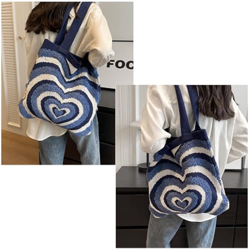 ZLM BAG US Women Crochet Shoulder Handbag Open Top Tote Bag Knitted Heart Stripe Hobo Purse Handmade Shopper Grocery Bag2