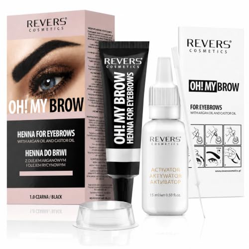 REVERS COSMETICS Tinte Cejas Negro con Aceite de Argán y Aceite de Ricino (Omega 6, Carotenos, Vitaminas A, E, F), Resultado Natural, Efecto Larga Duración de 4 Semanas, Hasta 15 Aplicaciones