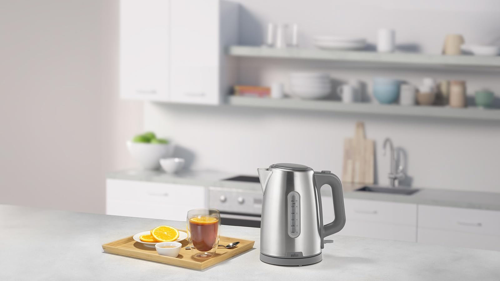 Braun PurShine WK1500GY, bollitore elettrico, base girevole a 360°, indicatore del livello dell'acqua, avvolgicavo, funzione spegnimento automatico, capacità 1,7 l, 2200 W, grigio