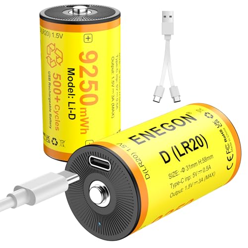 ENEGON Baterías D recargables de 1,5 V LR20 9250 mWh de litio 2 unidades con cable de carga USB-C para luz LED, camping y juguetes