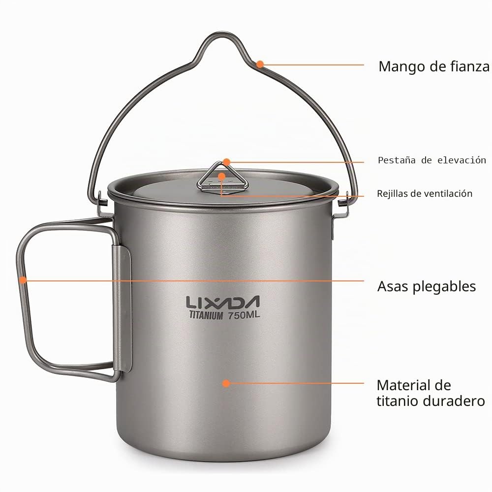 Lixada Titanium Cup Pot Ultralight Portable Cup Pot Colgante con Tapa y asa Plegable Camping al Aire Libre Senderismo 900ml
