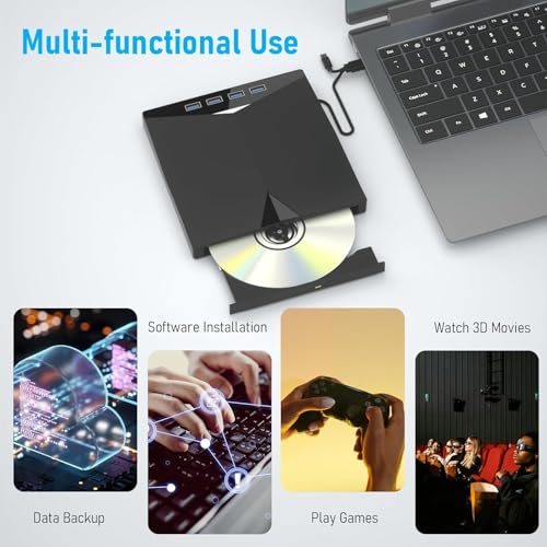 Image of External CD DVD Drive Player, USB 3.0 USB-C Portable CD DVD + /-RW Disk Drive Burner CD-ROM Reader Writer for Laptop Desktop PC (DVD Writer - XD010)