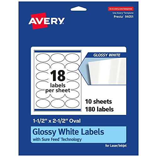 Image of Avery Glossy White Oval Labels with Sure Feed, 1.5" x 2.5", 180 Glossy White Labels, Permanent Label Adhesive, Laser/Inkjet Printable Labels