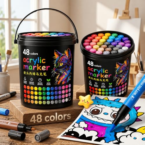 Image of SMILE Professional 48 Colors Acrylic Marker Pen Set - Multi Surface Paint Pens for Rock, Glass, Canvas, Wood, Ceramic, DIY Craft & School Projects