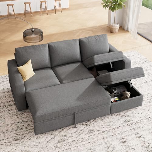 Image of HONBAY Modular Sectional Sleeper Sofa with Pull Out Bed, L Shaped Couch with Storage Seat, Modular Sectional Couches for Living Room - Dark Grey