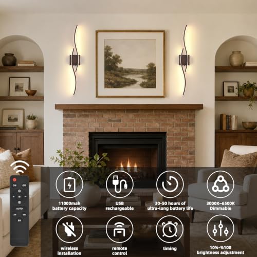 Image of Battery Powered Wall Sconces Set of 2, Walnut 31.4 inch LED Dimmable Wall Sconce with Remote Control /Timer /Memory, USB Rechargeable Wall Lights for Living Room, Bedroom, Hallway Wireless scones Lighting