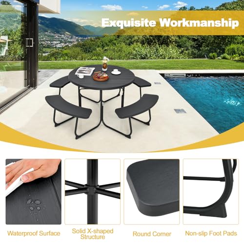 Image of Tangkula 8 Person Picnic Table, Outdoor Round Picnic Table with 4 Built-in Benches, Umbrella Hole, Metal Frame & HDPE Tabletop, Outside Table and Bench Set for Backyard, 2300lbs Weight Capacity