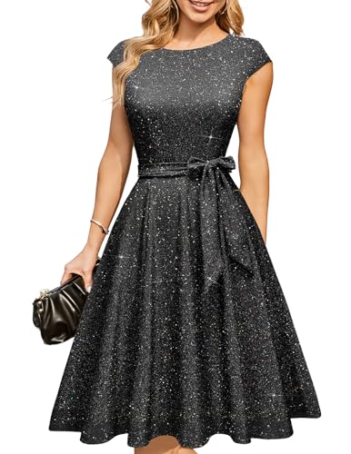 DRESSTELLS Cocktail Dresses for Women Wedding Guest 2025 Sparkly Fit Flare Vintage Party Dress, Sequin Aline Modest Mother of Bride Midi Dress Glitter Black M