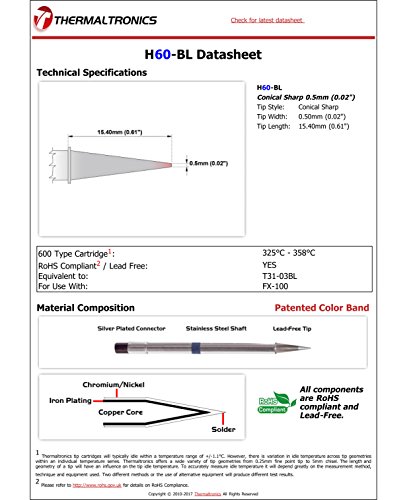 Image of Thermaltronics H60-BL Conical Sharp 0.5mm (0.02in) interchangeable for Hakko T31-03BL