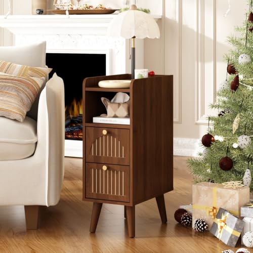 Image of Wnutrees 9.3 inch Narrow Nightstand with 2 Drawer, Fluted Wood End Table, Brown