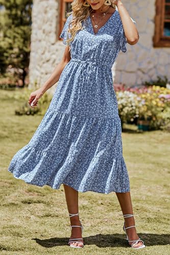 PRETTYGARDEN Summer Floral Dress for Women 2025 Casual Boho Short Sleeve Maxi Dresses V Neck Tiered Flowy Beach Sundress