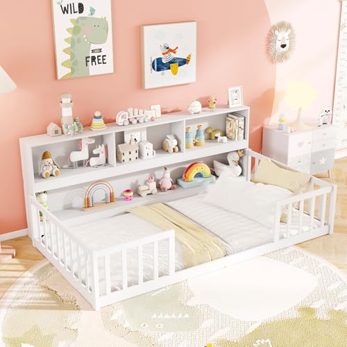 KOMFOTT Twin Floor Bed with Bookcase & Shelves, Wood Bed Frame with Bedside Bookshelves & Guardrails, Versatile 2-in-1 Montessori Floor Bed for Kids (White)