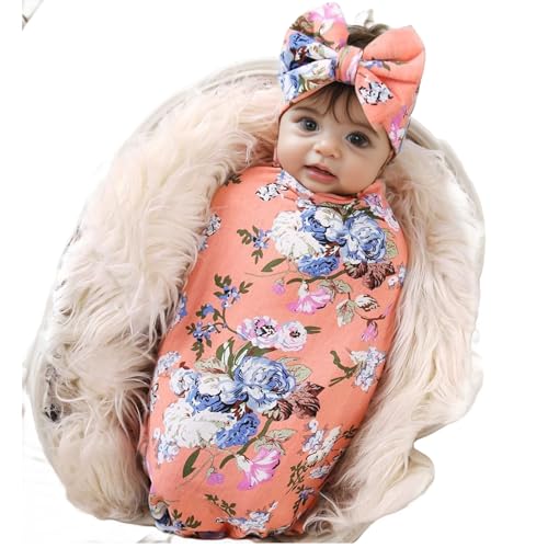 Image of Galabloomer Newborn Receiving Blanket Headband Set Baby Flower Rose Swaddle with Big Bow (Orange)