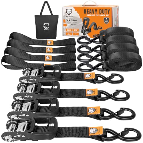 4 Pack Ratchet Straps,Heavy Duty Powersports Tie Downs Load Straps,5208lbs Break Strength 1.5in x 8ft with Safety S Hooks and Soft Loops for Motorcycle Truck Cargo Roof Rack,Break Strength, Black