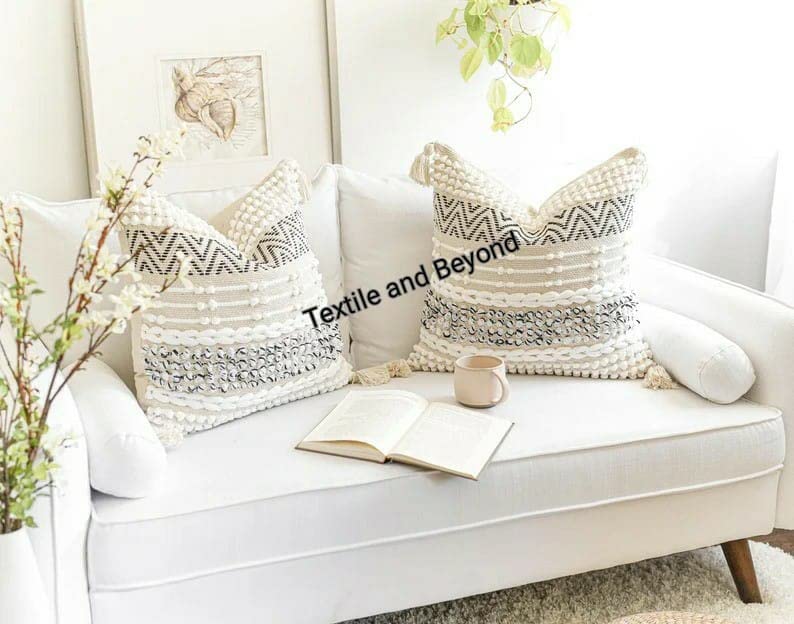 Image of Cushion - Boho Designer Handloom Cotton Throw Square Cushion Covers, Set of 5 Decorative Pillow Cases Sofa, Couch, Chair, Office, Bedroom, Aƒ¢aa€š¬aa‚¬A inch 16X16 Inches